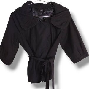 Aziz‎ Women's Black Jacket Cotton Stretch 3/4 Sleeves Front Fasteners Loose Belt